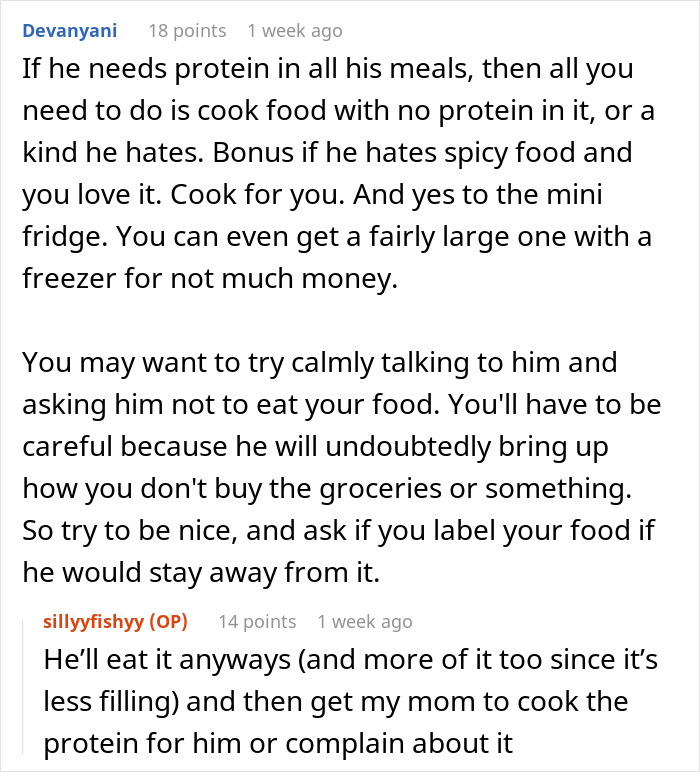 Discussion about mom, boyfriend, and food drama involving cooking preferences and sharing meals.