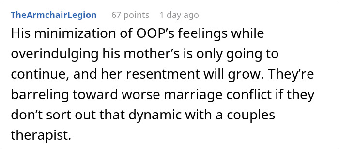 Comment discussing resentment and marriage conflict caused by overbearing mother-in-law making plans without knowledge.