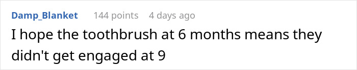 Comment on Reddit about a fiancée's confidence and medicine, referencing engagement and timeline humor. Comment on Reddit about a fiancée's confidence and medicine, referencing engagement and timeline humor.