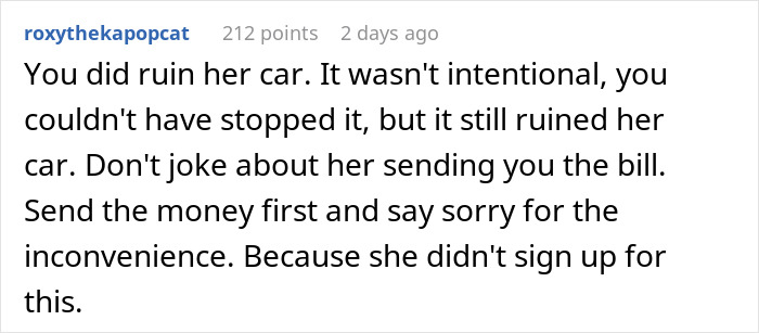 Comment discussing damage to a car after a woman gives birth in friends' car and is later ignored by them.