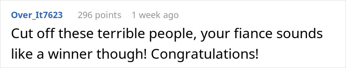 Comment text on white background, discussing fiance as a winner despite family drama involving golden child and sister&rsquo;s fiance.