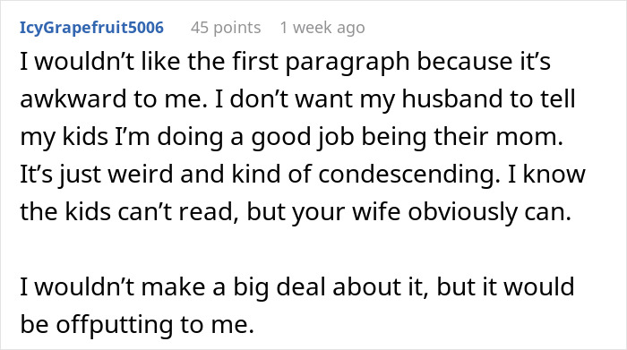 Comment expressing discomfort with husband's note to wife, sparking debate about understanding and feelings.