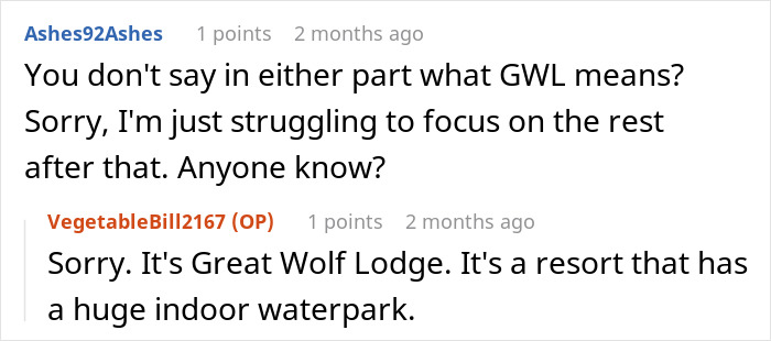 Screenshot of a Reddit conversation where a user explains GWL means Great Wolf Lodge, noted as a resort with an indoor waterpark.