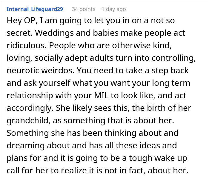 Comment discussing controlling behavior of a mother-in-law after her inappropriate baby shower idea was rejected.