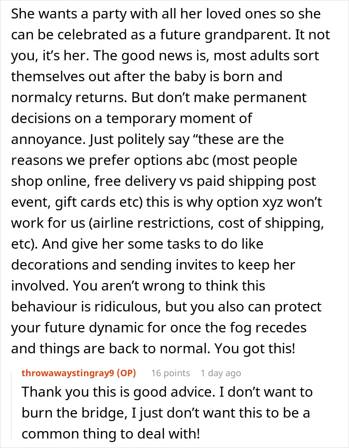 Text conversation about handling a MIL's inappropriate baby shower idea and managing family expectations calmly.