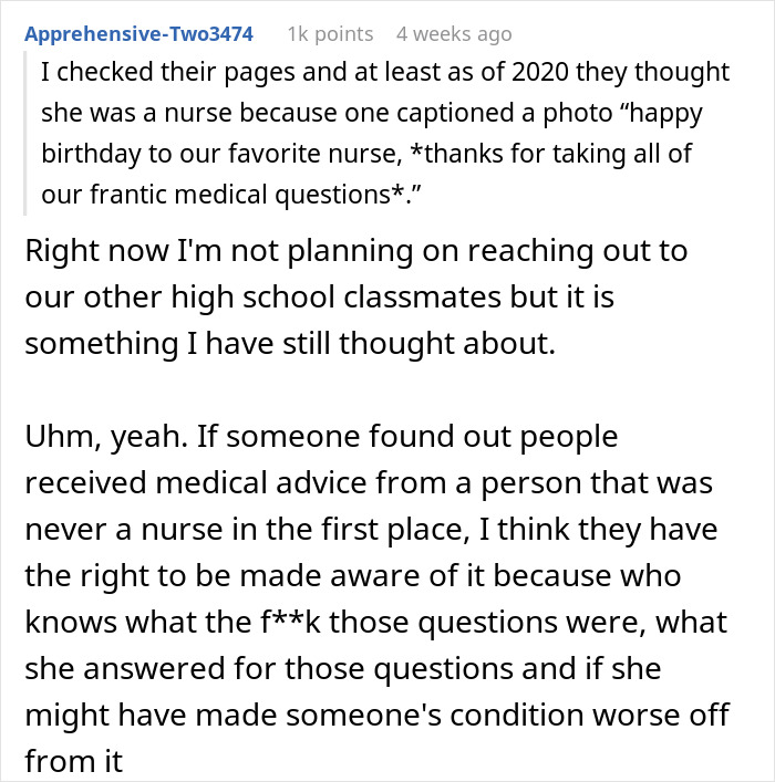 Screenshot of a user comment discussing a woman who lied about her career, sharing wild fabricated stories online.