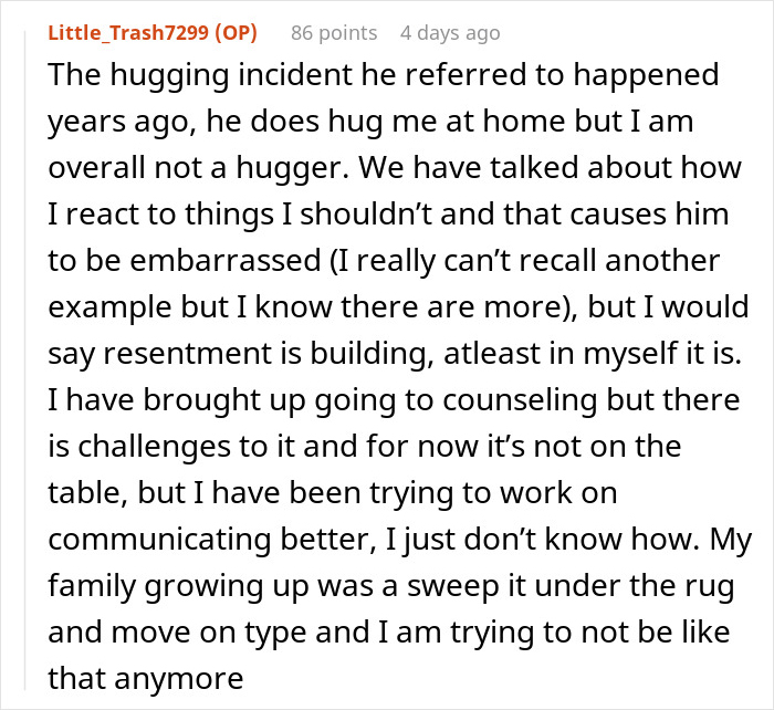 Reddit post discussing husband&rsquo;s weird behavior at dinner and wife&rsquo;s struggle with communication and resentment buildup.