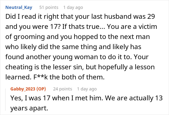 Conversation screenshot showing a discussion about a woman admitting defeat by karma after her affair partner leaves her. Conversation screenshot showing a discussion about a woman admitting defeat by karma after her affair partner leaves her.