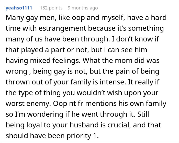 Comment discussing a man feeling torn between his husband and mother-in-law after secretly helping her, highlighting mixed feelings.