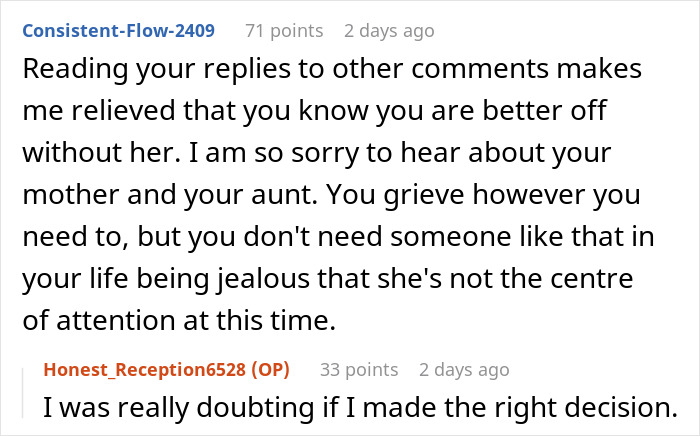 Screenshot of a Reddit conversation about a lady demanding her grieving boyfriend man up and console her after loss of his mother-in-law.