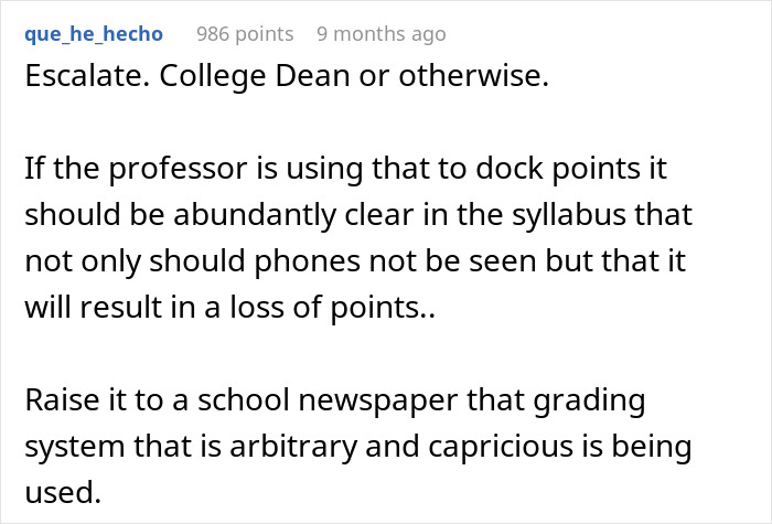 Screenshot of a comment discussing students pushing back against a professor's phone rule affecting grades without prior warning.