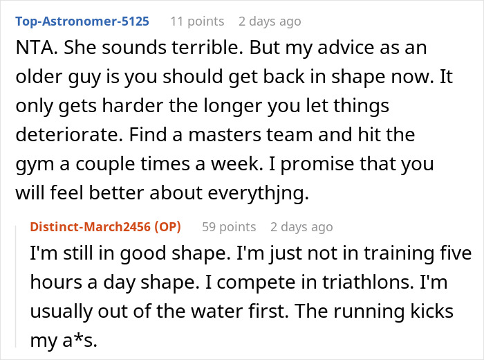 Screenshot of an online discussion about a woman demanding her swimmer boyfriend look like her friend&rsquo;s partner.
