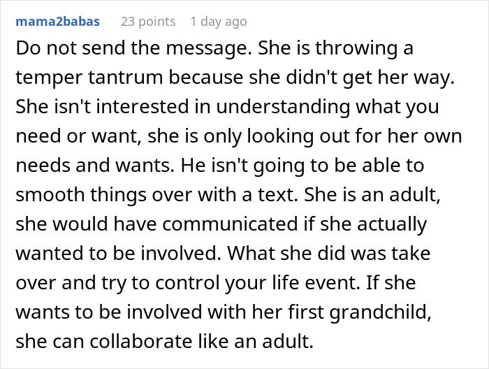 User comment about a MIL throwing a tantrum after her inappropriate baby shower idea was rejected, showing family conflict.