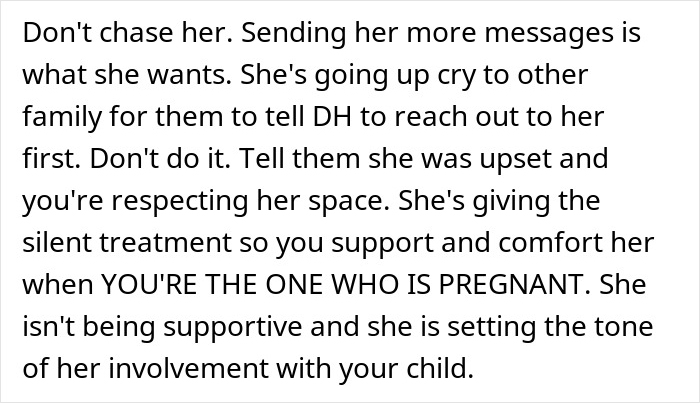 Text block showing advice on handling a mother-in-law&rsquo;s tantrum after her inappropriate baby shower idea was rejected.
