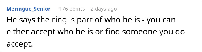 Comment text saying a widower boyfriend considers his wedding ring part of who he is and acceptance is required.