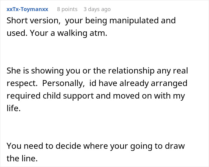 Screenshot of Reddit comment about a man feeling used as his GF's ATM, urging boundaries