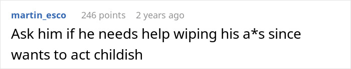Comment text on a white background discussing a wife deciding to live life like her husband, causing him to be fuming.