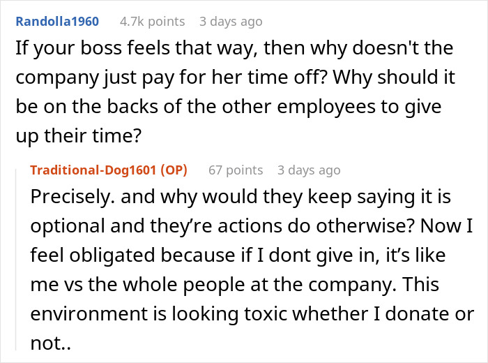 Online discussion where coworkers pressure a man to donate PTO while he refuses and counts his days instead
