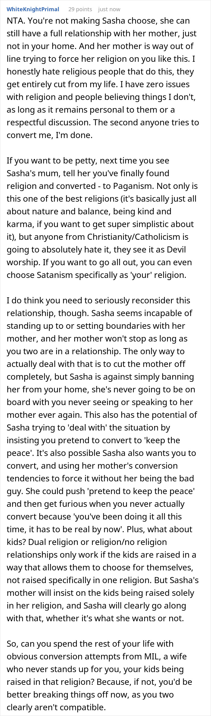 Screenshot of a detailed online discussion about an extremely religious lady attempting to convert her daughter's unreligious boyfriend.