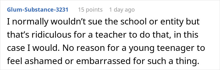 Screenshot of an online comment criticizing a teacher for ignoring a daughter's emergency and a mom's struggle to contain her rage.