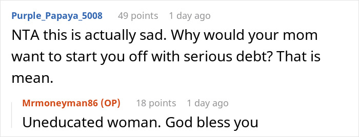 Screenshot of online comments discussing a teen’s first car turning into a debt trap set by mom with $40k loan repayment. Screenshot of online comments discussing a teen’s first car turning into a debt trap set by mom with $40k loan repayment.