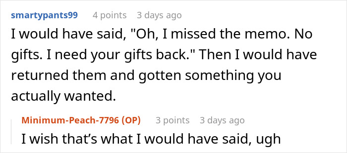 Reddit user responds to man failing to buy Christmas presents for girlfriend, discussing gift return and holiday gift expectations.