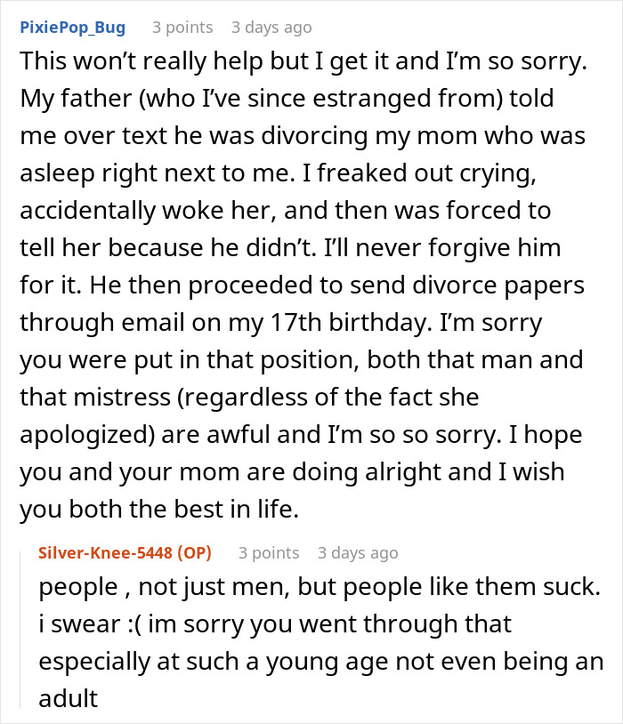 Text conversation revealing dad&rsquo;s mistress texting adult daughter, exposing a months-long affair and devastating the mom on NYE.