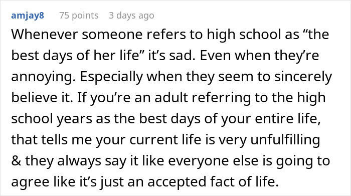 Screenshot of a Reddit comment discussing high school memories, related to mom wishing daughter were a cheerleader instead of building cottages. Screenshot of a Reddit comment discussing high school memories, related to mom wishing daughter were a cheerleader instead of building cottages.