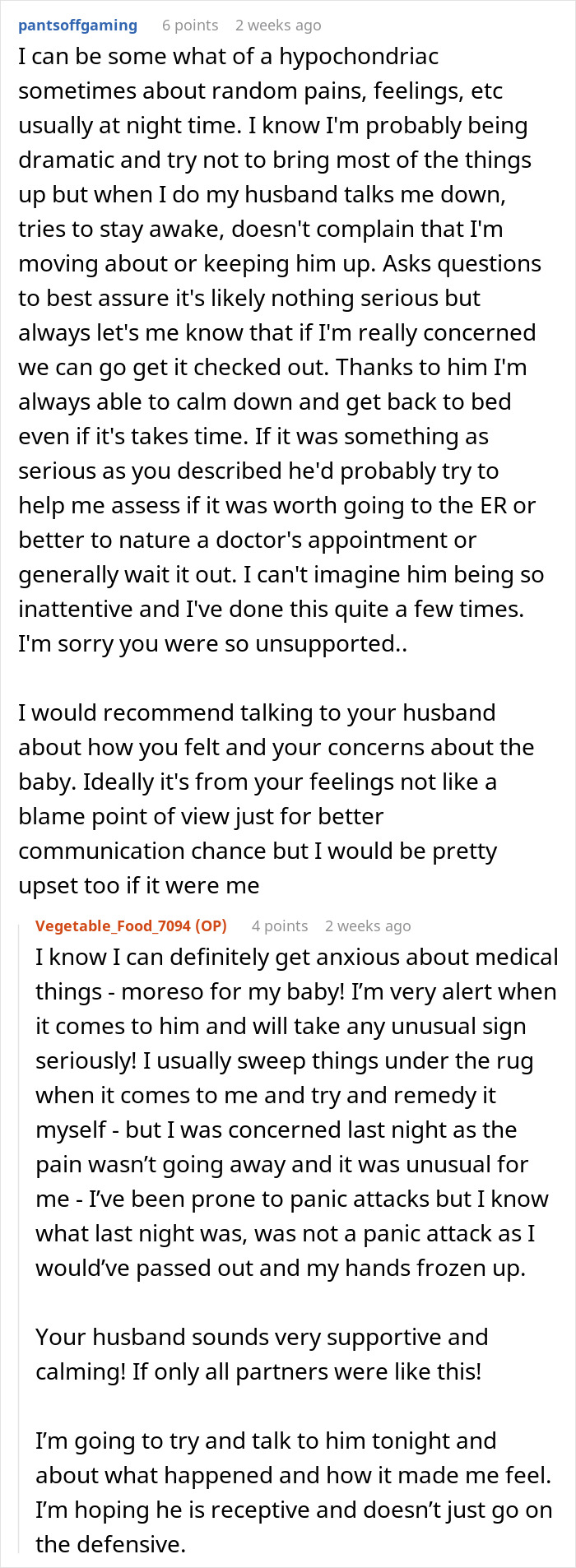 Screenshot of an online conversation about partner sleep called ambulance myself and supportive responses.