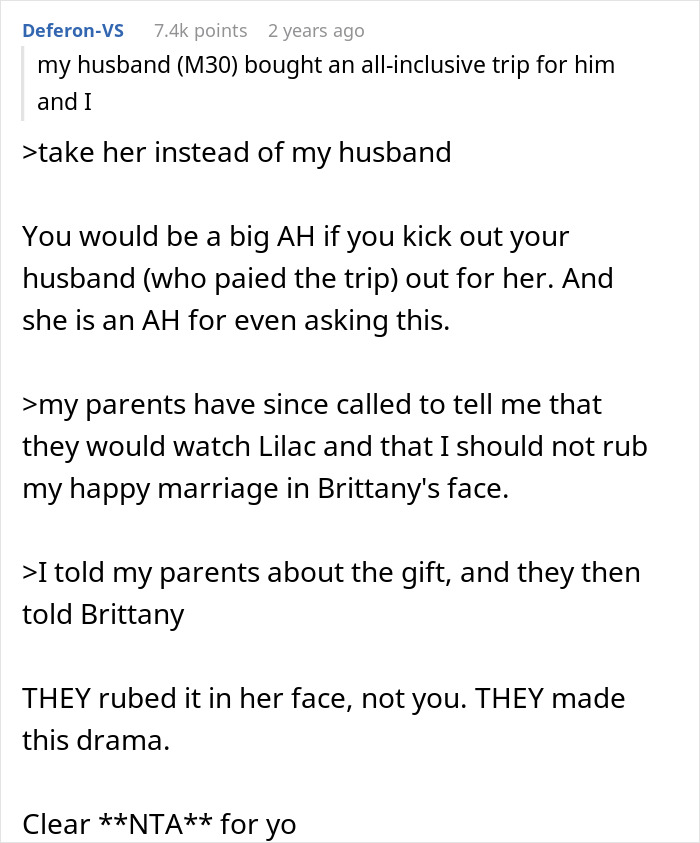 Screenshot of a Reddit post discussing a woman demanding her friend kick out her husband from a romantic getaway.