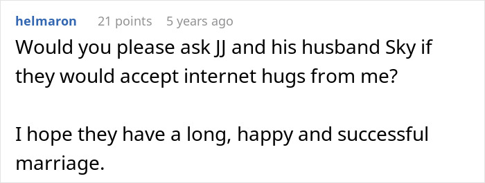 Comment expressing support and well wishes for gay son JJ and his husband Sky&rsquo;s marriage after family exclusion concerns.