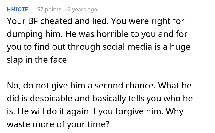 Text post discussing a lying boyfriend who went on a trip with a female friend and the advice to not trust him again.