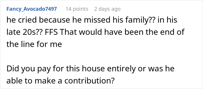 Comment discussing frustration over husband&rsquo;s relatives living with them and questioning financial contributions to the house.