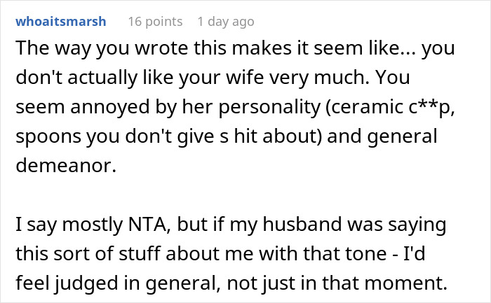 Screenshot of a Reddit comment discussing a husband's warning about a dangerous gift from her mom that the wife ignores.