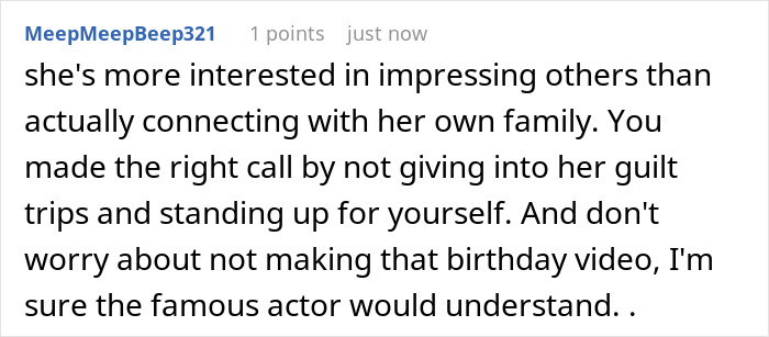 Commenter advising not to risk job for celebrity birthday video, supporting standing up to demanding MIL.
