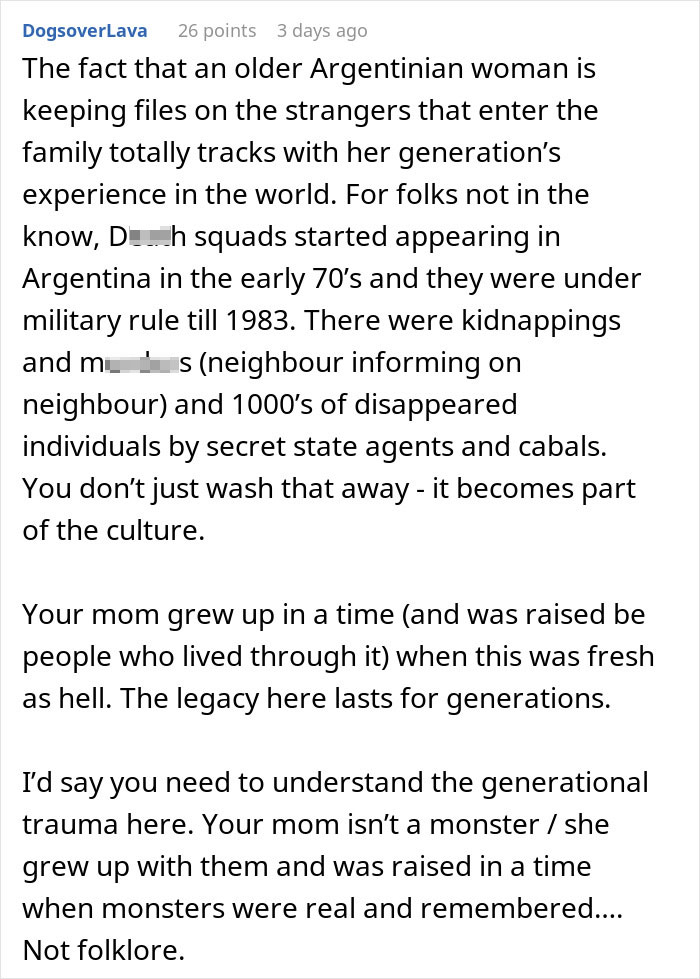 Comment discussing generational trauma related to a mother secretly going through girlfriend’s wallet and taking photos of her ID.