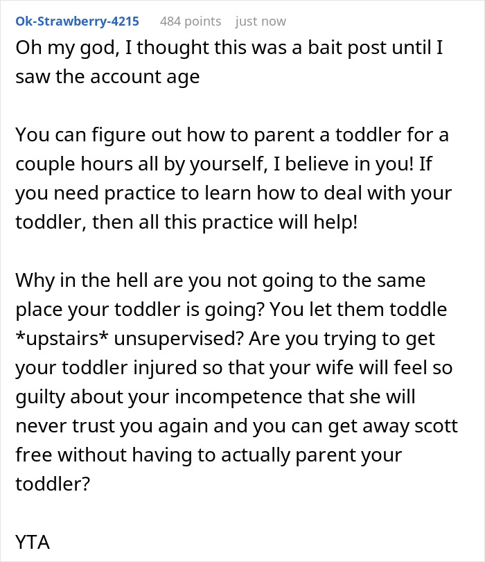 Reddit user discusses dad struggling to manage toddler while mom studies, highlighting challenges of parenting a 2-year-old.