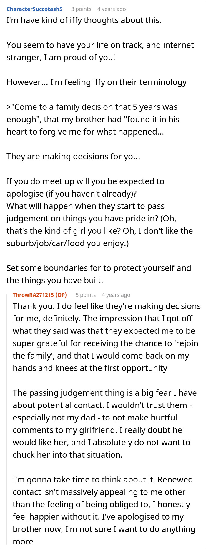 Comment discussing family deciding to forgive man for beating his brother five years ago and his reaction.