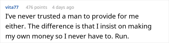 Comment about woman forcing boyfriend to sign contract giving her income share, emphasizing financial independence.