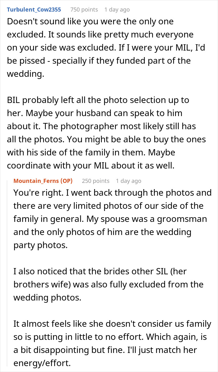 Screenshot of a Reddit discussion about bride excluding sister-in-law from wedding photos causing family drama.