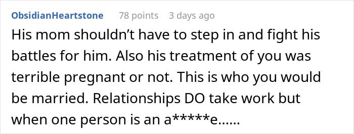Screenshot of a Reddit comment criticizing a man who shows his true colors after assuming fianc&eacute;e is pregnant.