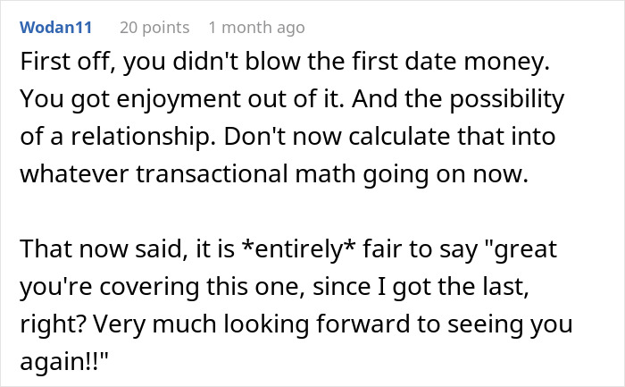 Screenshot of online comment discussing fairness in paying for dates and transactional expectations in dating relationships.