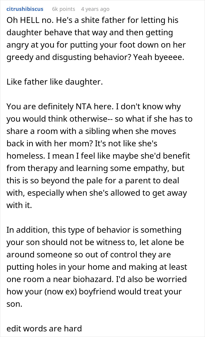 Comment text criticizing a bratty teen breaking walls and leaving messes, with stepmom drawing eviction papers.