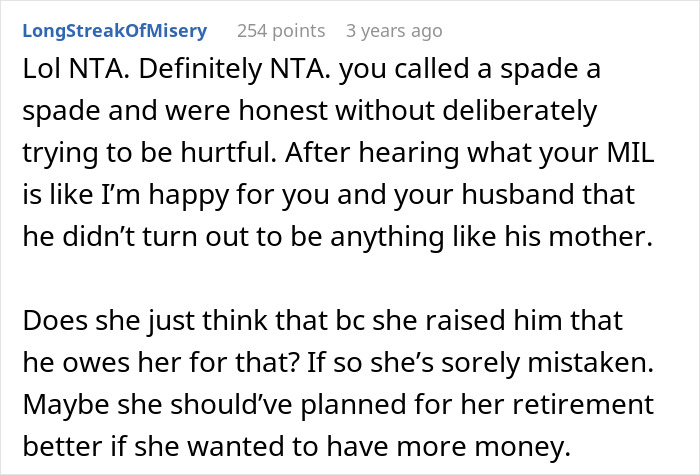 Comment discussing a greedy MIL wedding gift and the impact of honesty on family dynamics and expectations.