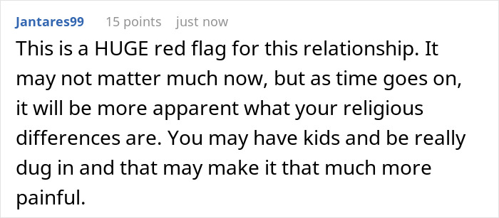 Screenshot of a Reddit comment warning about religious differences in a relationship causing future challenges and pain.