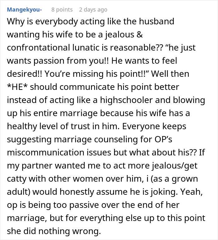 Comment discussing trust and jealousy issues in a marriage where the woman trusts her husband and does not get jealous.