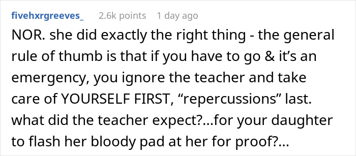 Screenshot of a forum comment discussing a mom&rsquo;s rage after a teacher ignored her daughter&rsquo;s emergency situation.
