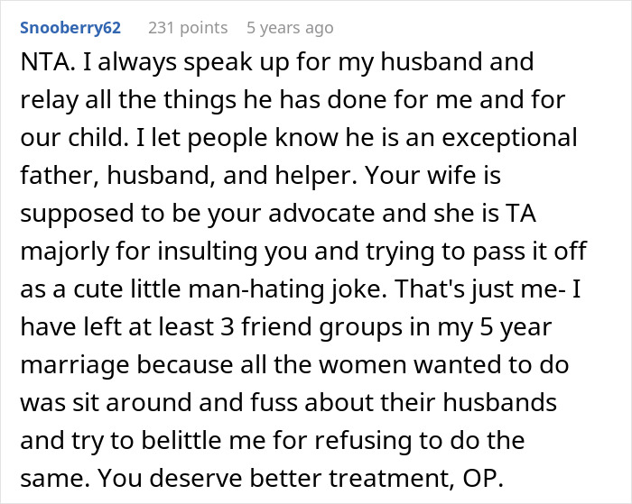 Reddit comment panel praising husband, insisting guy embarrasses wife for refusing to go along with her lie