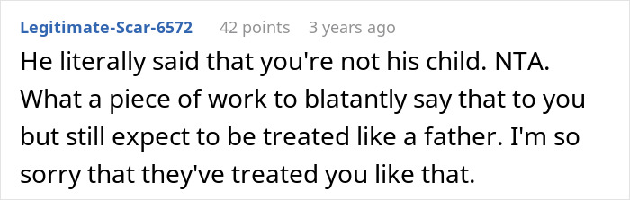 Screenshot of a Reddit comment discussing a teen calling out stepdad for ignoring him and family tension.