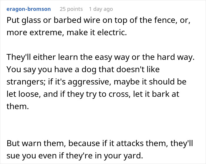 Comment suggesting putting glass or electric wire on fence to stop kids from crossing yard labeled by neighbor as child-hating hermit.